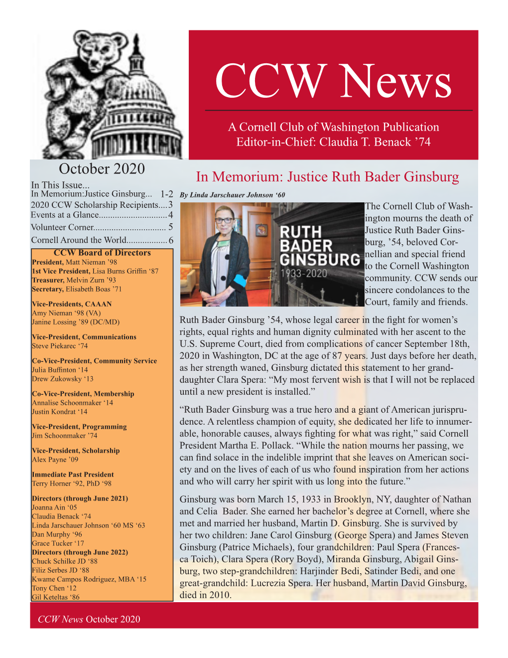 CCW News a Cornell Club of Washington Publication Editor-In-Chief: Claudia T