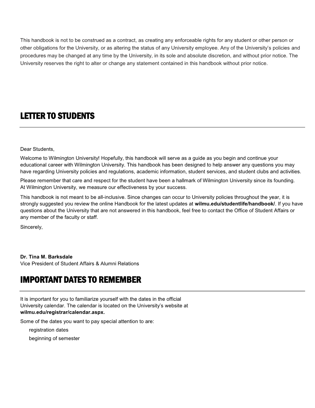 Letter to Students Important Dates to Remember