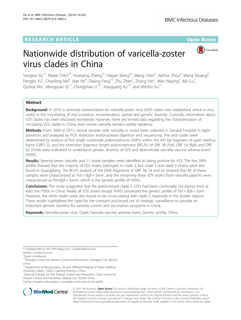 Nationwide Distribution of Varicella-Zoster Virus Clades in China