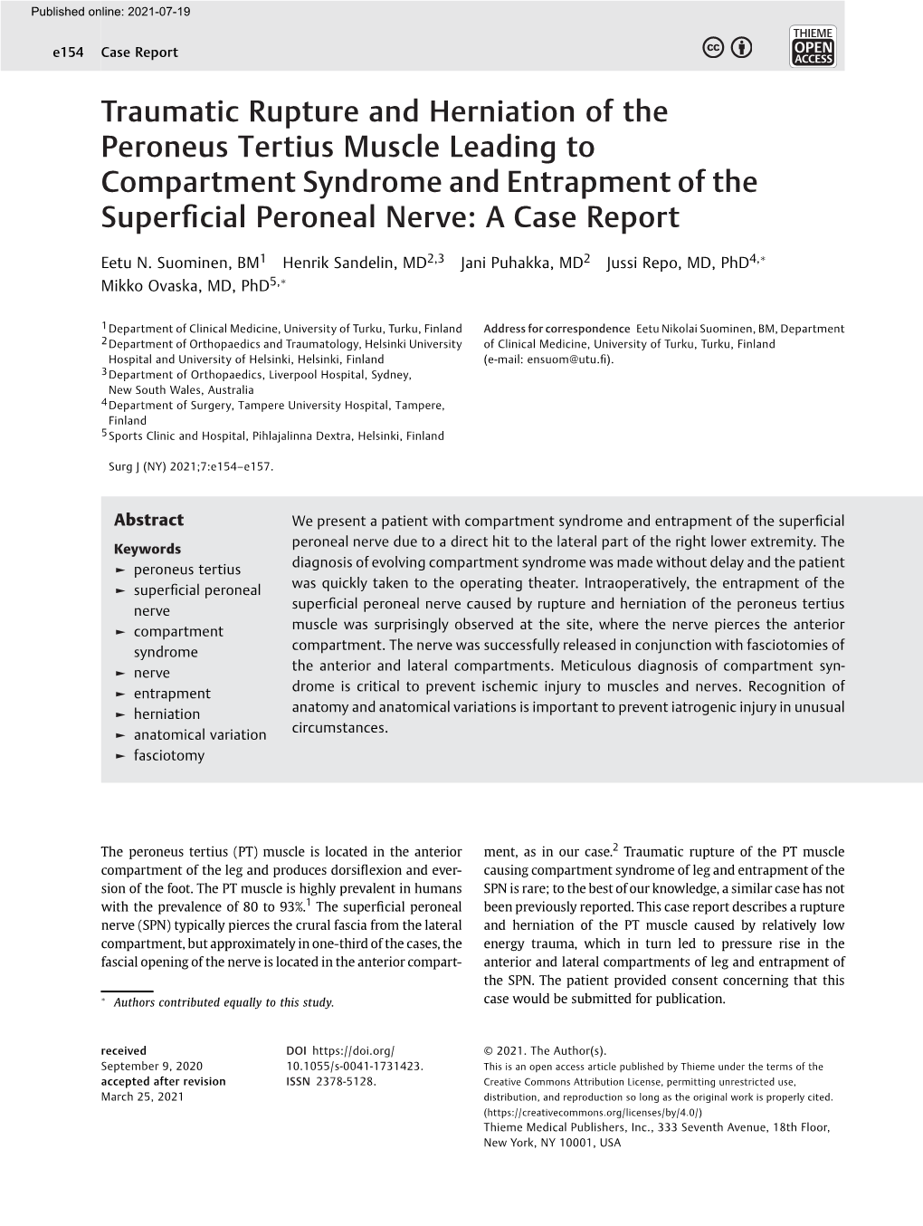 Traumatic Rupture and Herniation of the Peroneus Tertius Muscle Leading to Compartment Syndrome and Entrapment of the Superﬁcial Peroneal Nerve: a Case Report