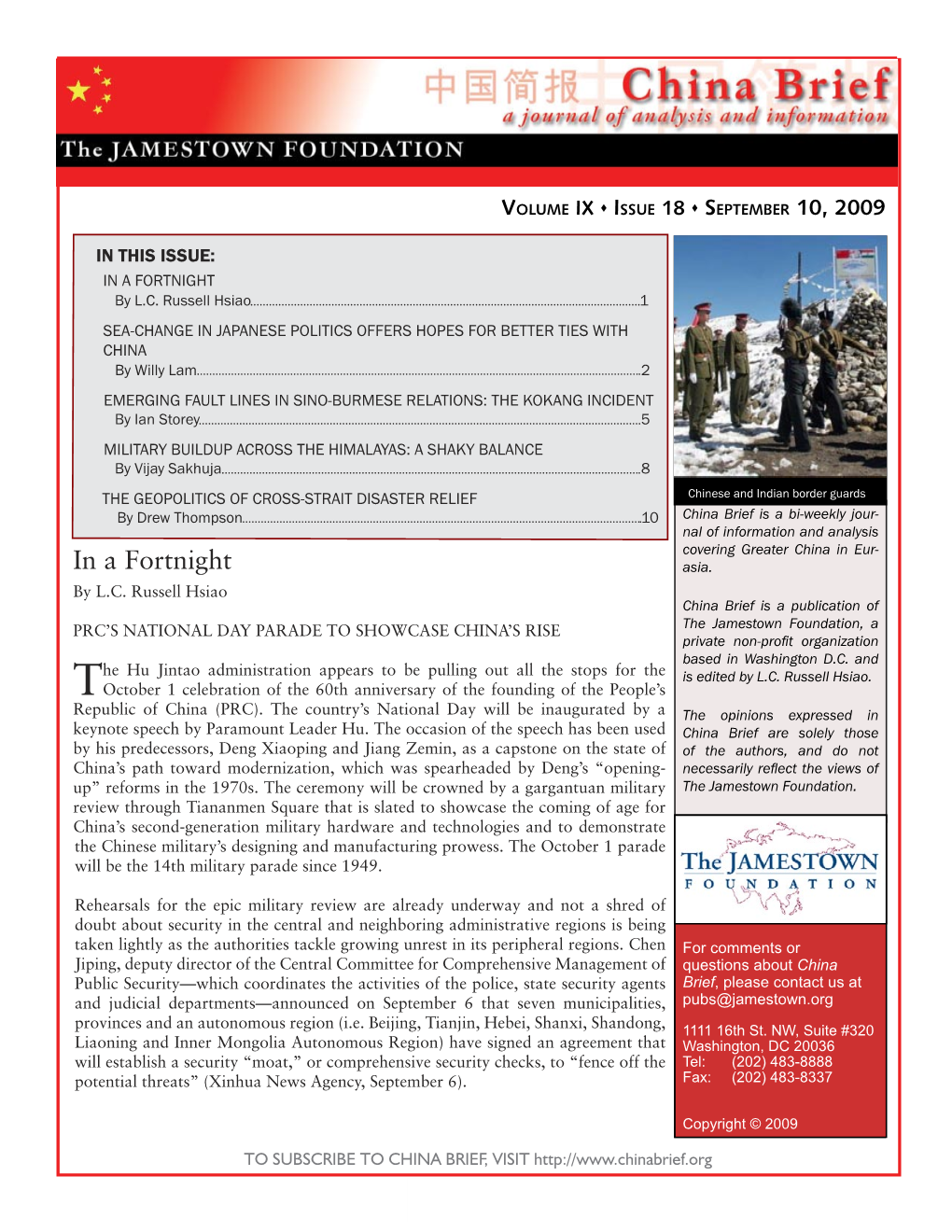 Chinabrief Volume IX  Issue 18  September 10, 2009