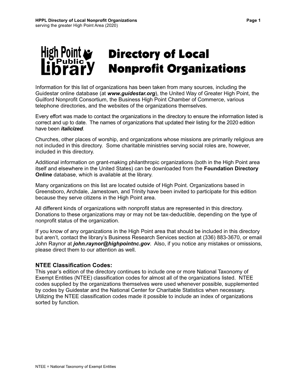 Directory of Local Nonprofit Organizations Page 1 Serving the Greater High Point Area (2020)