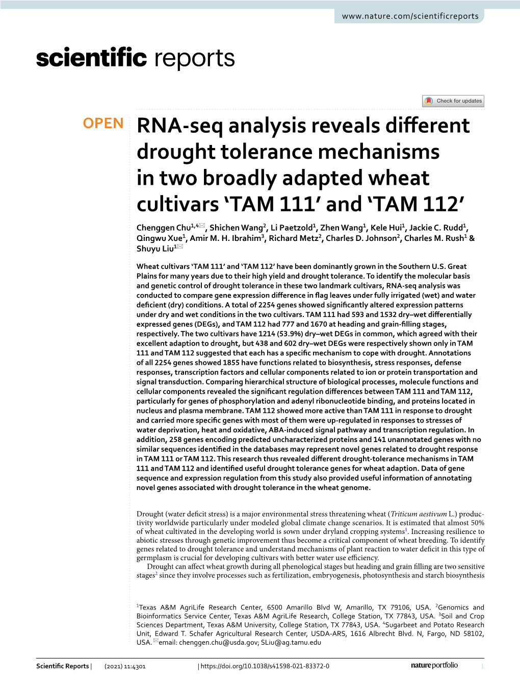 RNA-Seq Analysis Reveals Different Drought Tolerance Mechanisms in Two Broadly Adapted Wheat Cultivars