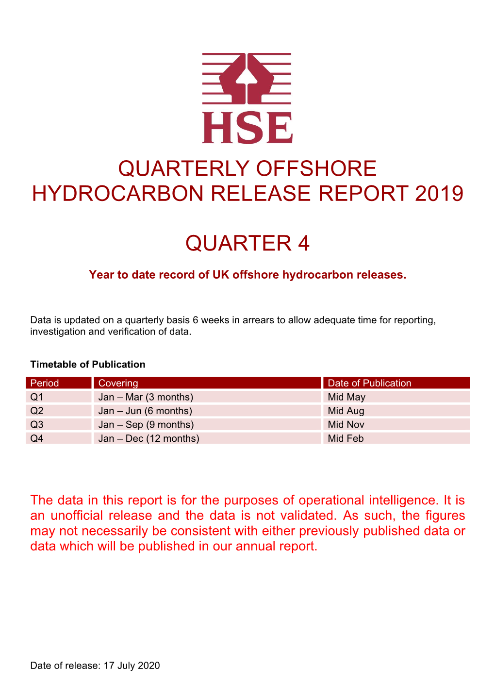 Quarterly Offshore Hydrocarbon Release Report 2019 Quarter 4