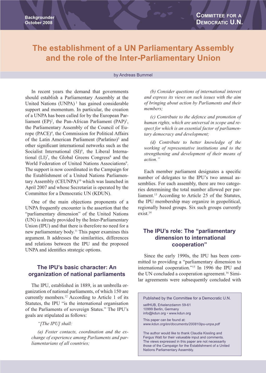 The Establishment of a UN Parliamentary Assembly and the Role of the Inter-Parliamentary Union