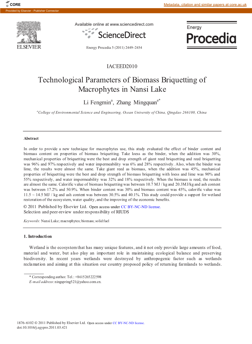 Technological Parameters of Biomass Briquetting of Macrophytes in Nansi Lake