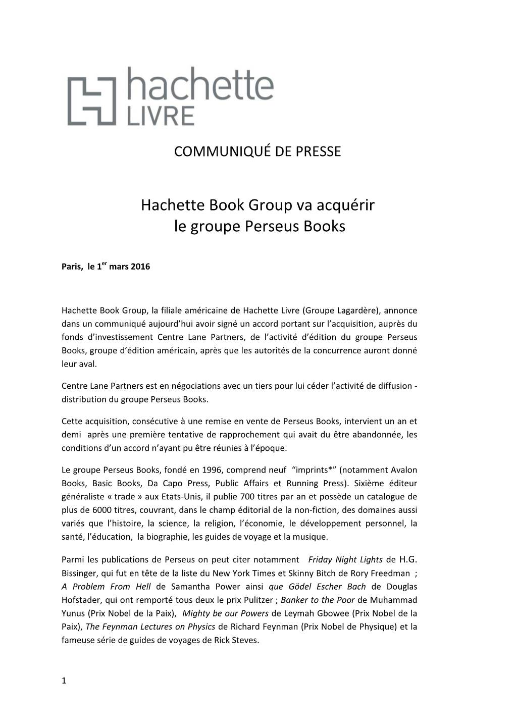 Hachette Book Group Va Acquérir Le Groupe Perseus Books