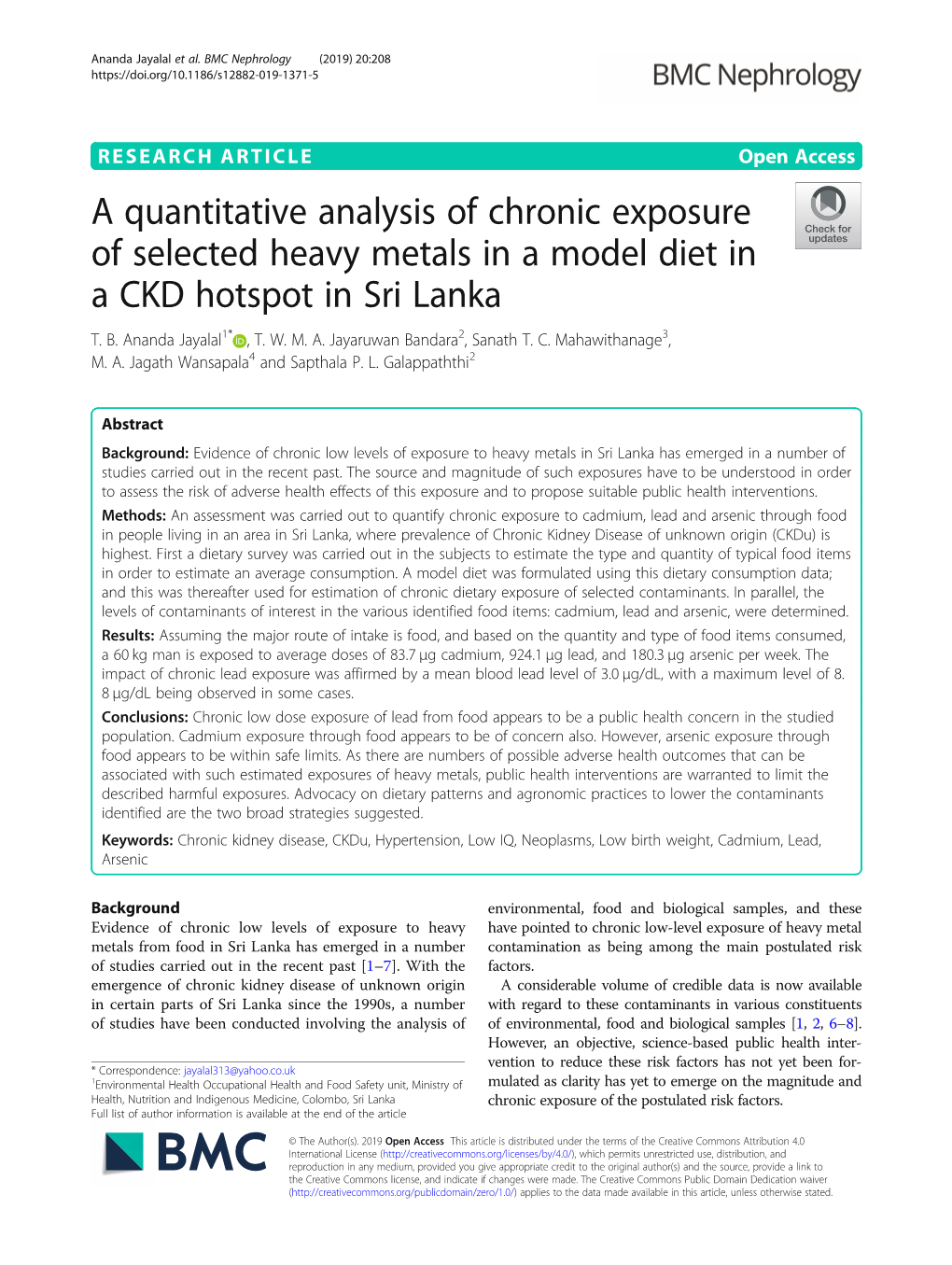 A Quantitative Analysis of Chronic Exposure of Selected Heavy Metals in a Model Diet in a CKD Hotspot in Sri Lanka T