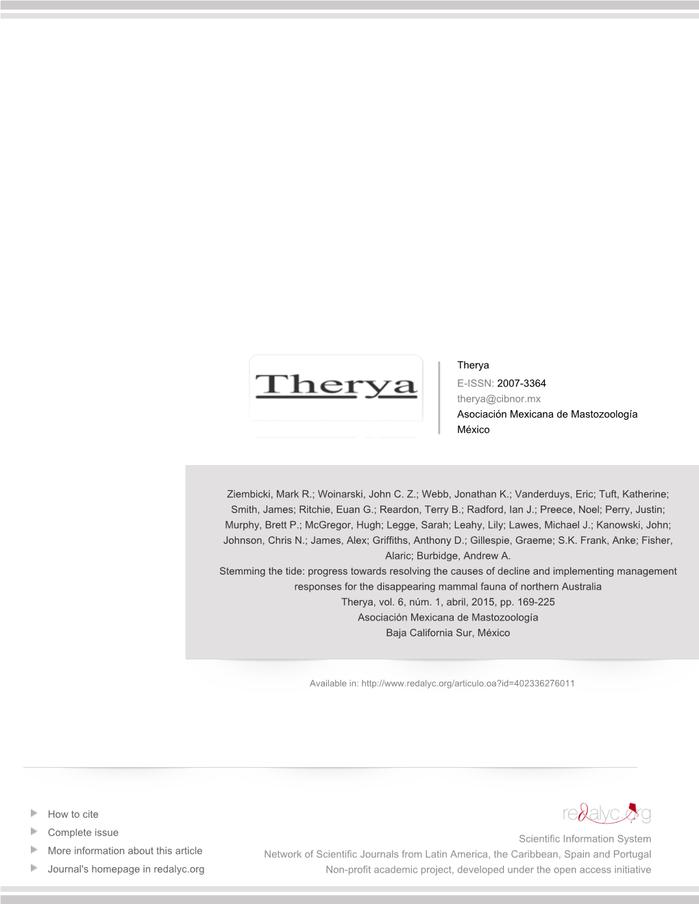 Progress Towards Resolving the Causes of Decline and Implementing Management Responses for the Disappearing Mammal Fauna of Northern Australia Therya, Vol