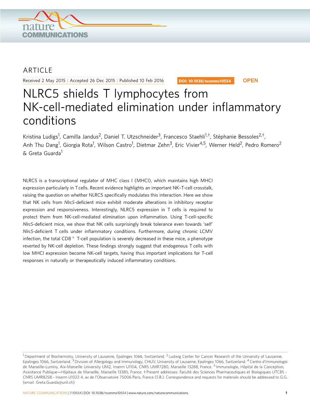 NLRC5 Shields T Lymphocytes from NK-Cell-Mediated Elimination Under Infiammatory Conditions