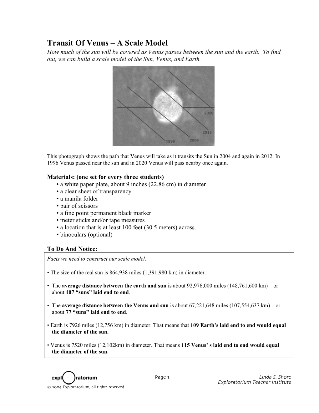 Transit of Venus – a Scale Model How Much of the Sun Will Be Covered As Venus Passes Between the Sun and the Earth