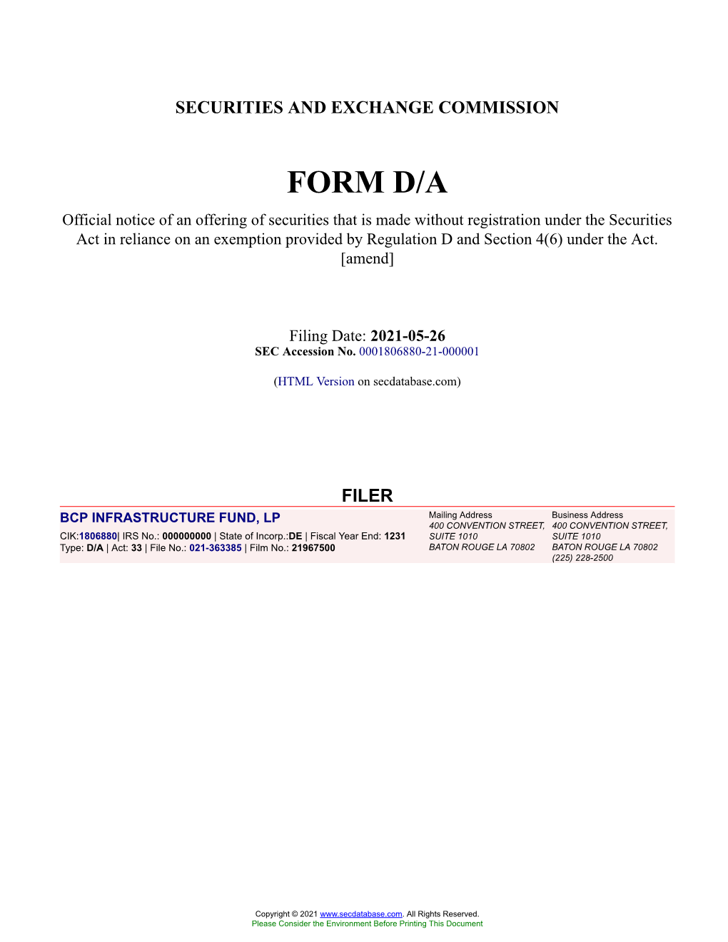 BCP INFRASTRUCTURE FUND, LP Form D/A Filed 2021-05-26