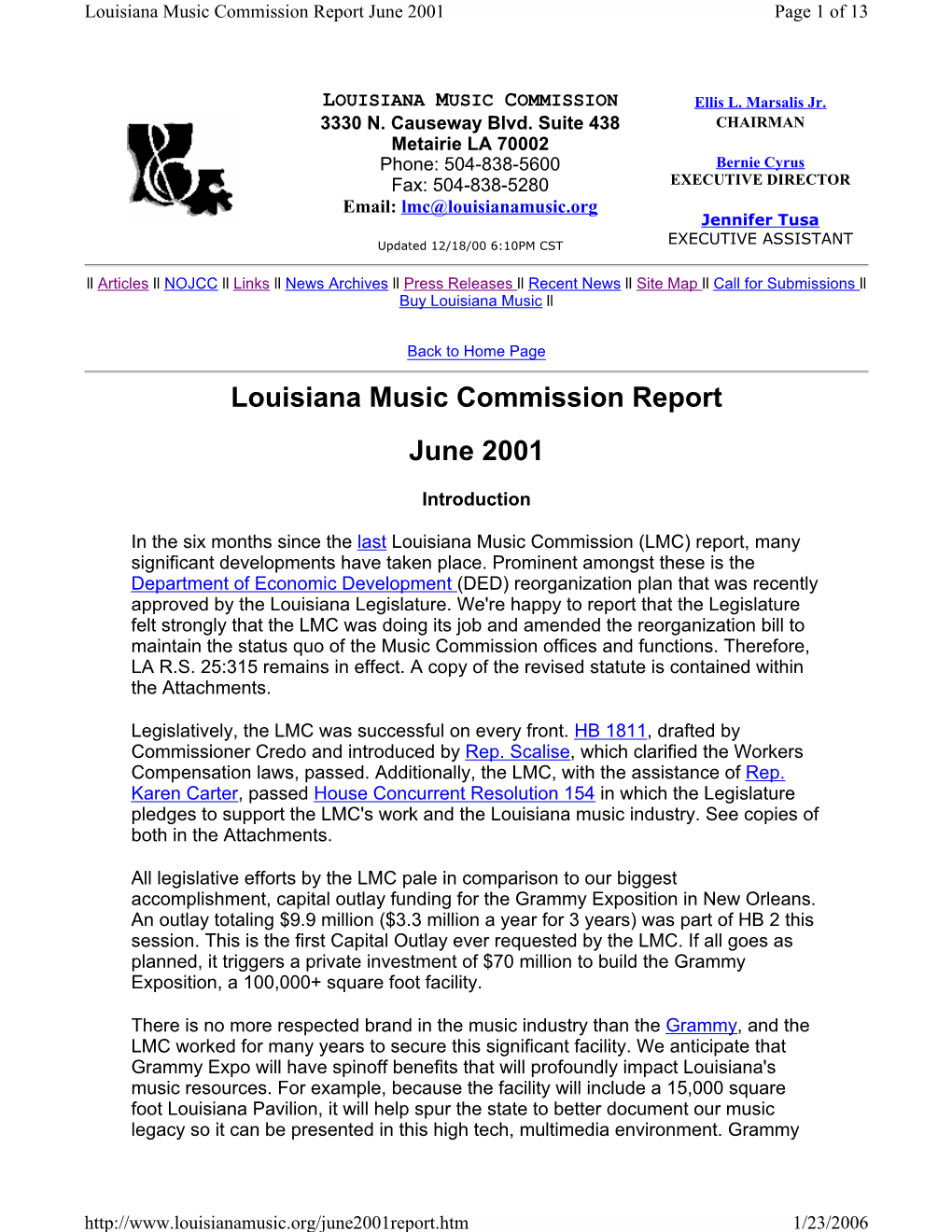 Louisiana Music Commission Report June 2001 Page 1 of 13