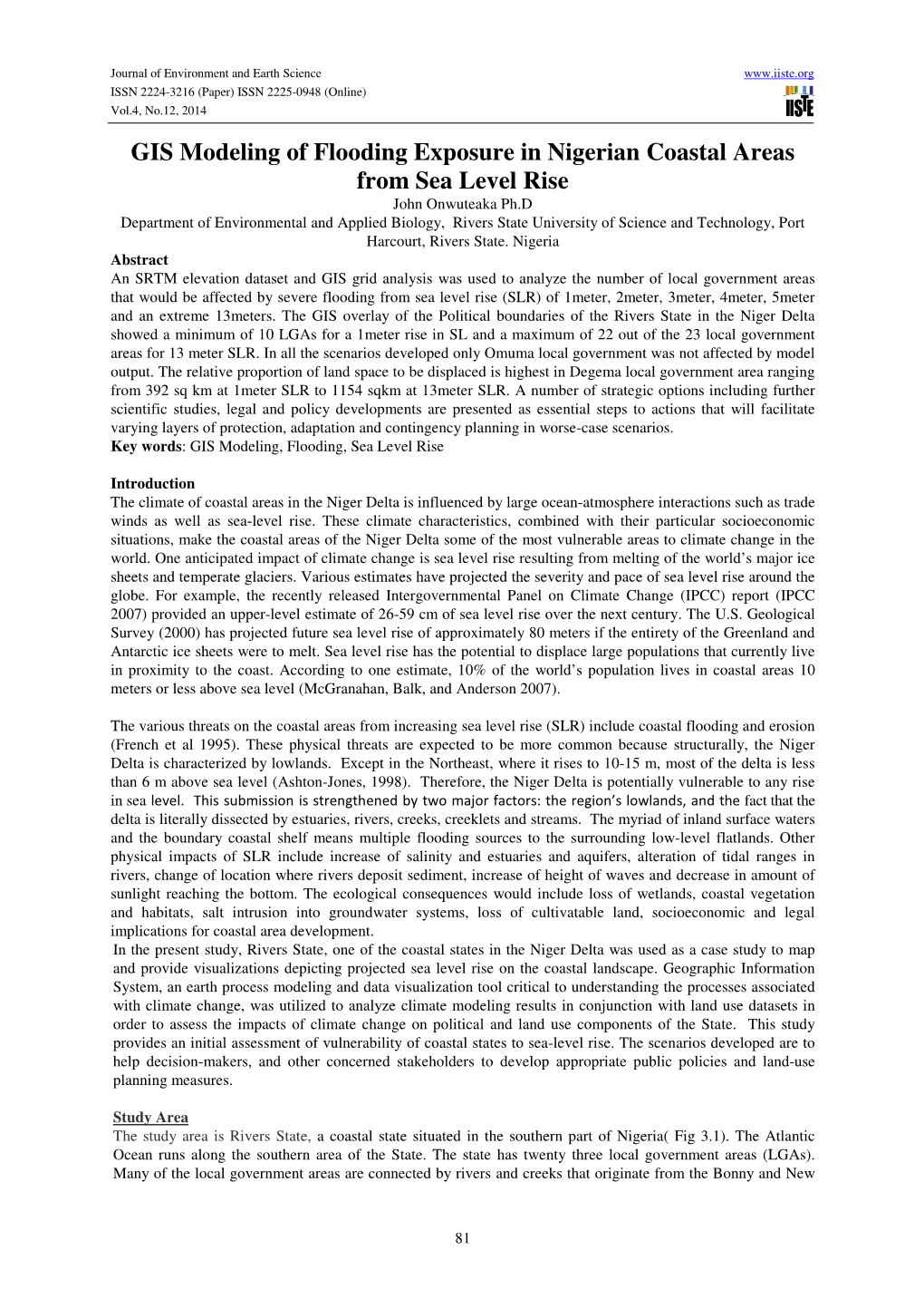 GIS Modeling of Flooding Exposure in Nigerian Coastal Areas from Sea