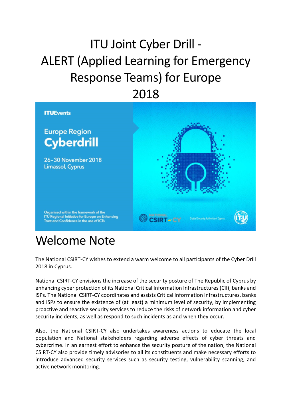 ITU Joint Cyber Drill - ALERT (Applied Learning for Emergency Response Teams) for Europe 2018