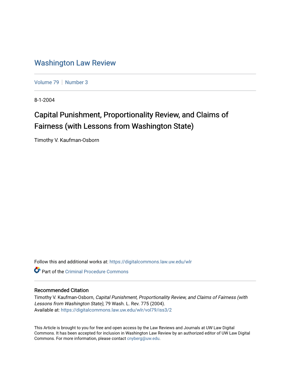 Capital Punishment, Proportionality Review, and Claims of Fairness (With Lessons from Washington State)