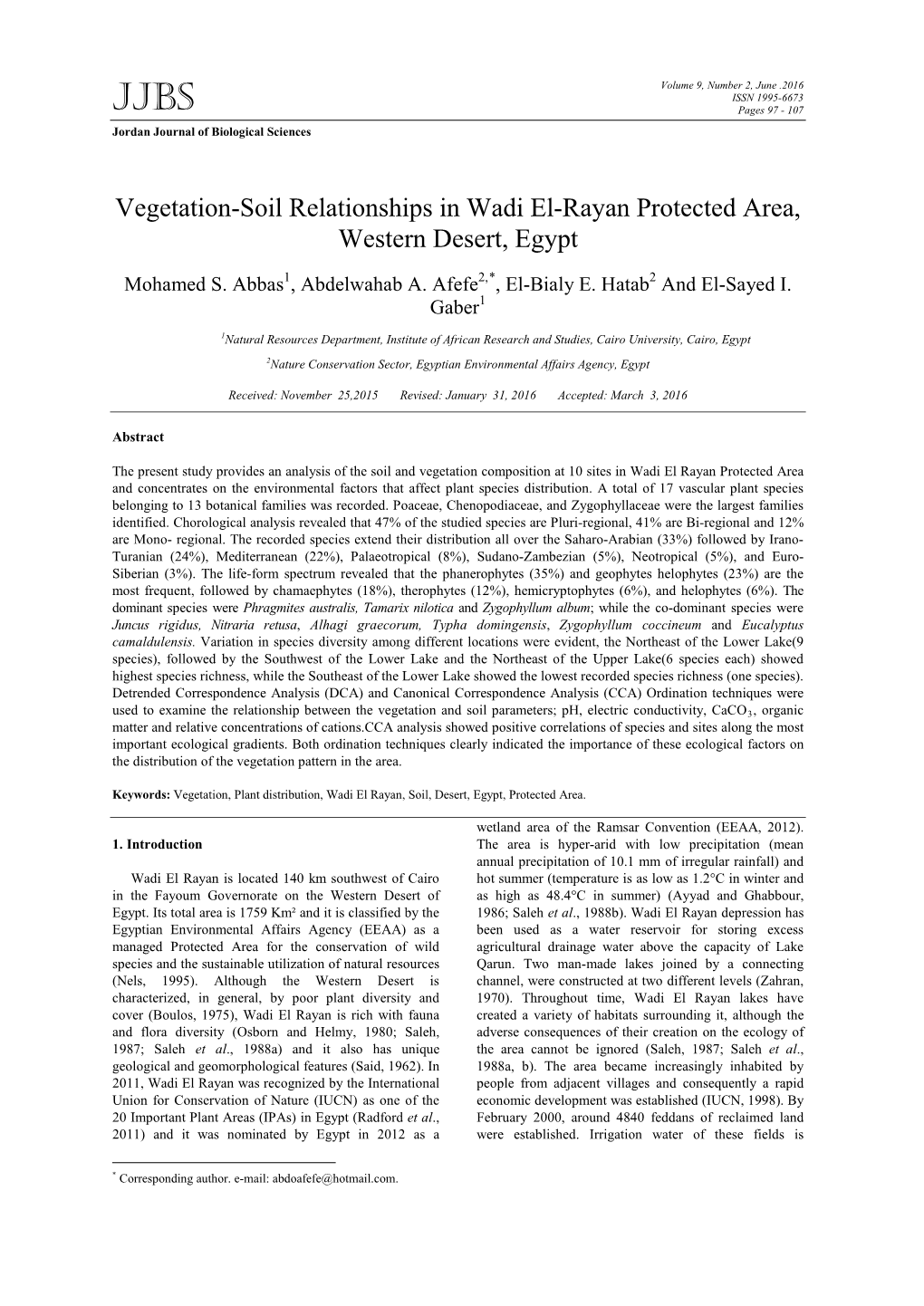 Vegetation-Soil Relationships in Wadi El-Rayan Protected Area, Western Desert, Egypt