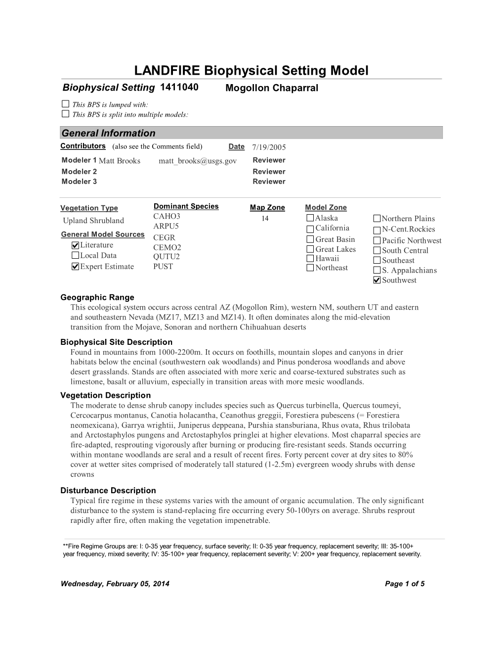 LANDFIRE Biophysical Setting Model Biophysical Setting 1411040 Mogollon Chaparral