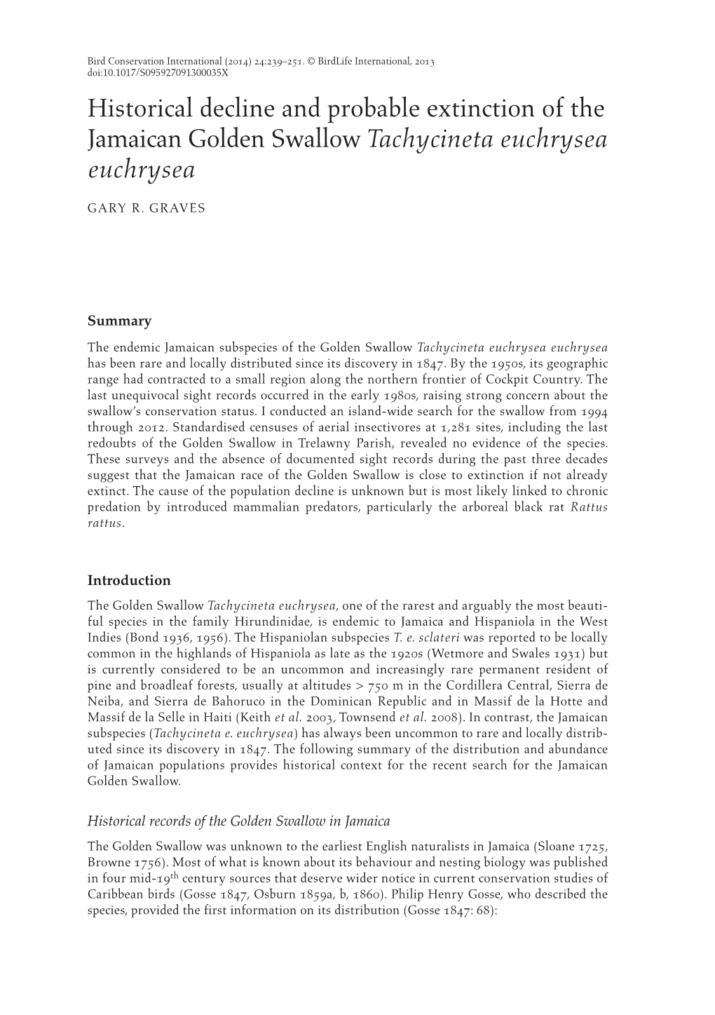 Historical Decline and Probable Extinction of the Jamaican Golden Swallow Tachycineta Euchrysea Euchrysea