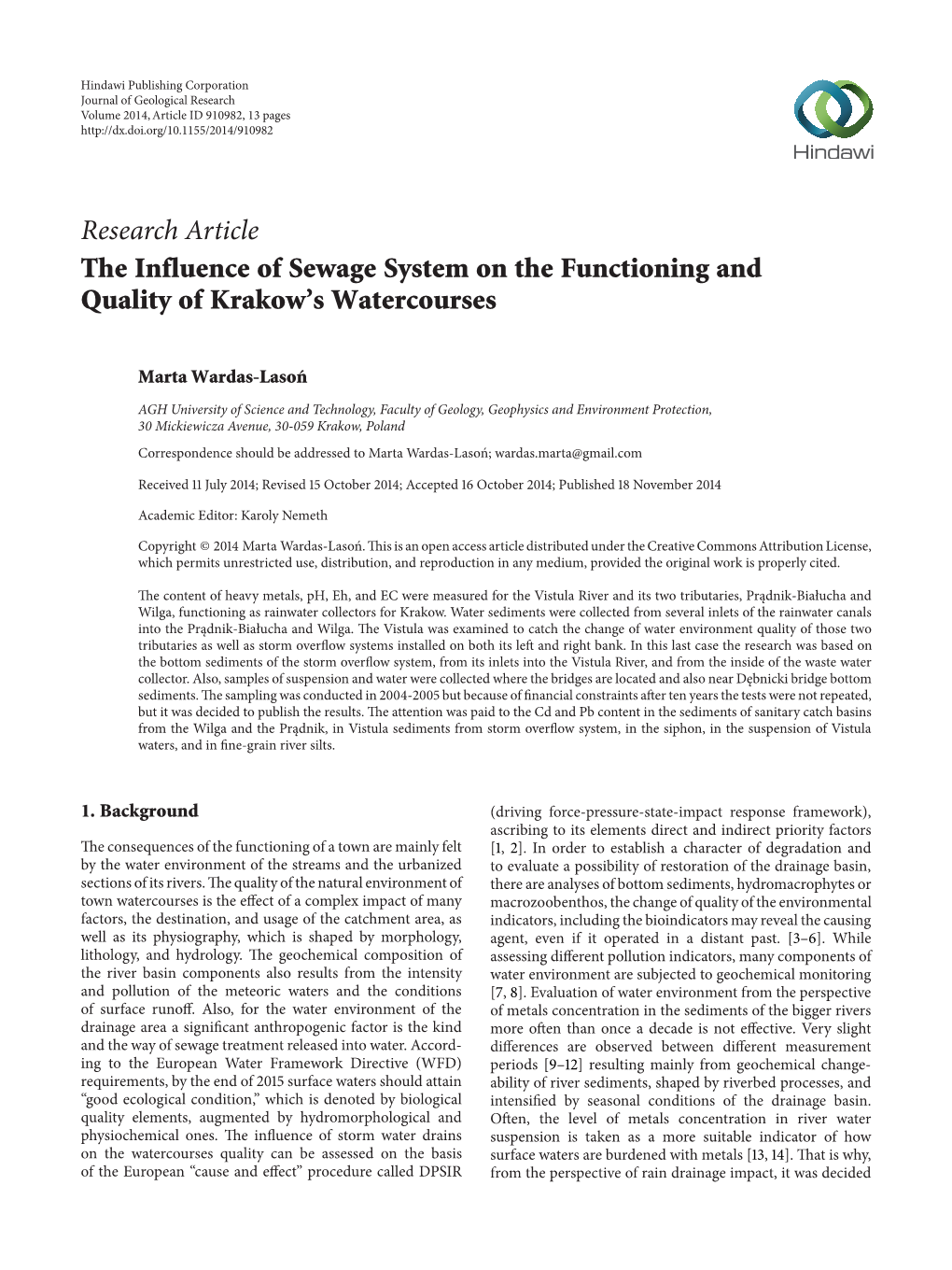 Research Article the Influence of Sewage System on the Functioning and Quality of Krakow’S Watercourses