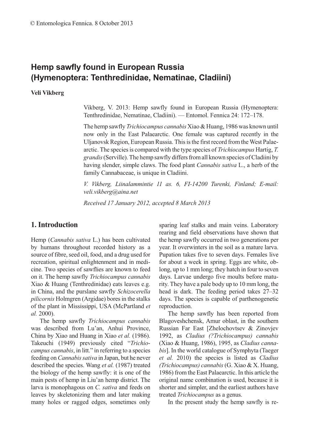 Hymenoptera: Tenthredinidae, Nematinae, Cladiini)