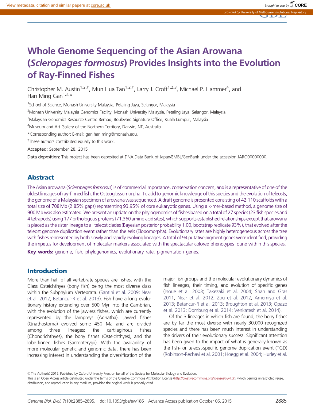 Whole Genome Sequencing of the Asian Arowana (Scleropages Formosus) Provides Insights Into the Evolution of Ray-Finned Fishes