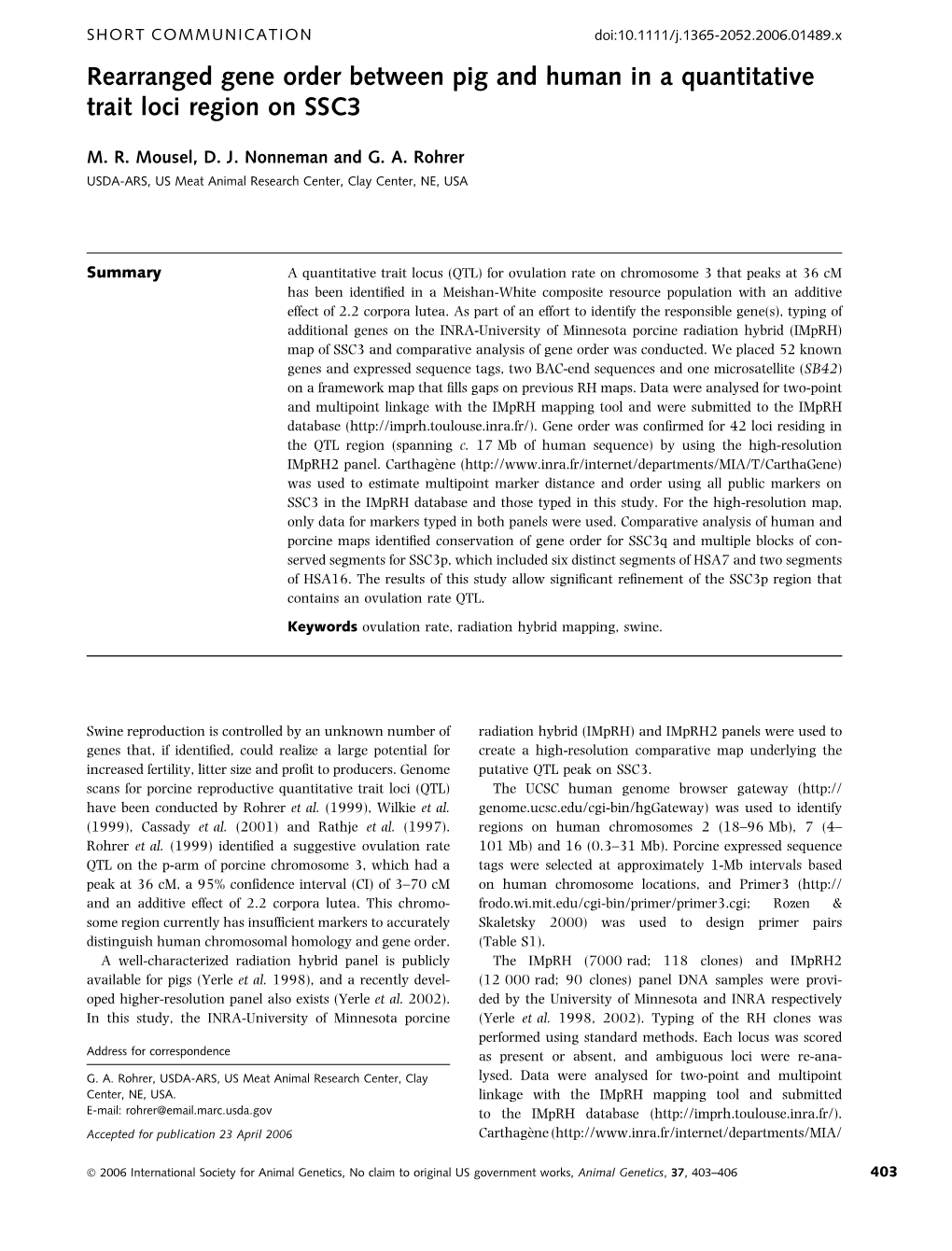 Rearranged Gene Order Between Pig and Human in a Quantitative Trait Loci Region on SSC3