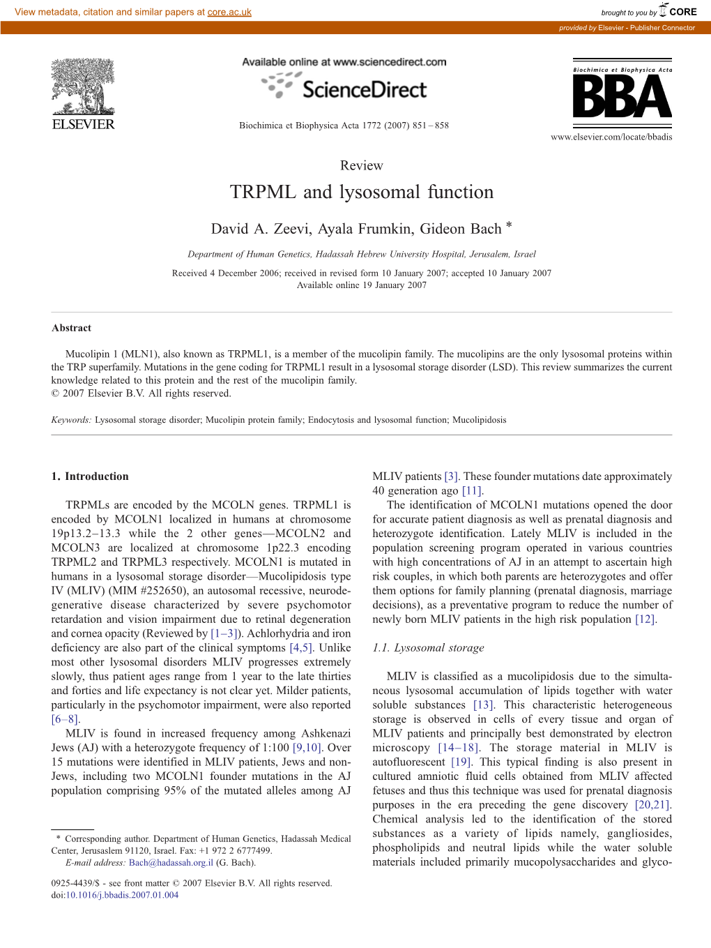 TRPML and Lysosomal Function ⁎ David A