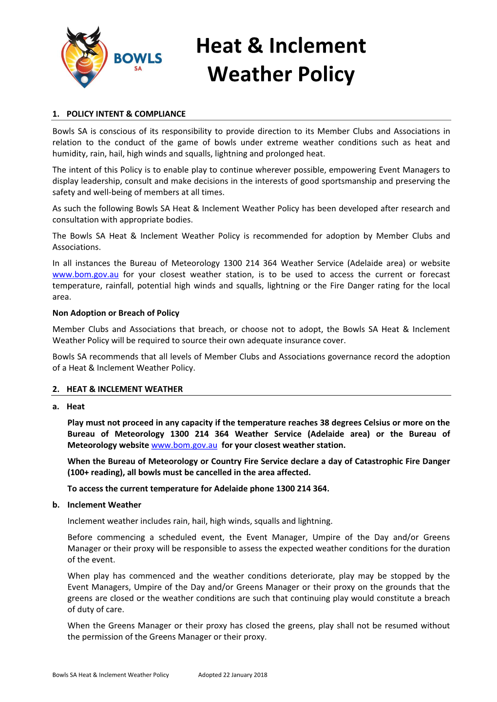 Bowls SA Heat & Inclement Weather Policy