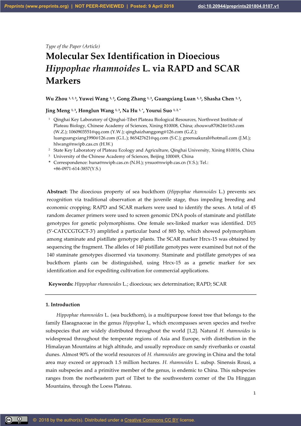 Molecular Sex Identification in Dioecious Hippophae Rhamnoides L. Via RAPD and SCAR Markers