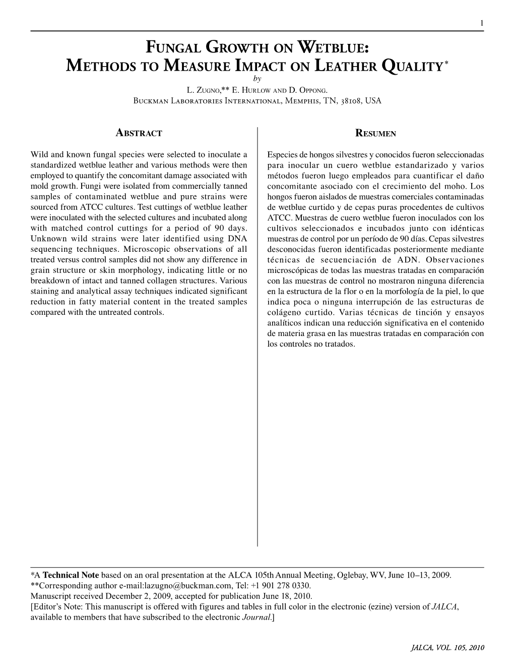 FUNGAL GROWTH on WETBLUE: METHODS to MEASURE IMPACT on LEATHER QUALITY * by L