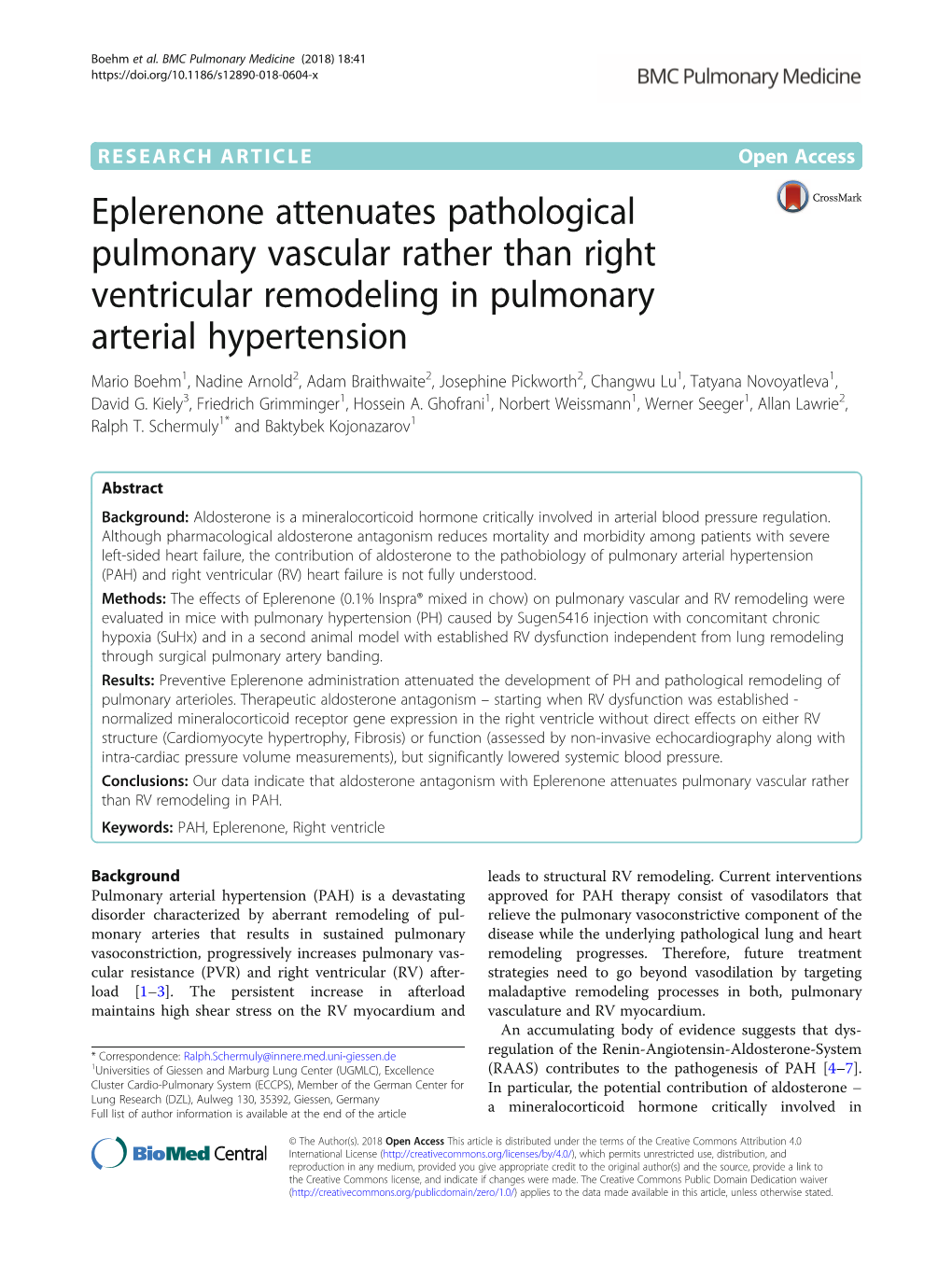 Eplerenone Attenuates Pathological Pulmonary Vascular Rather Than