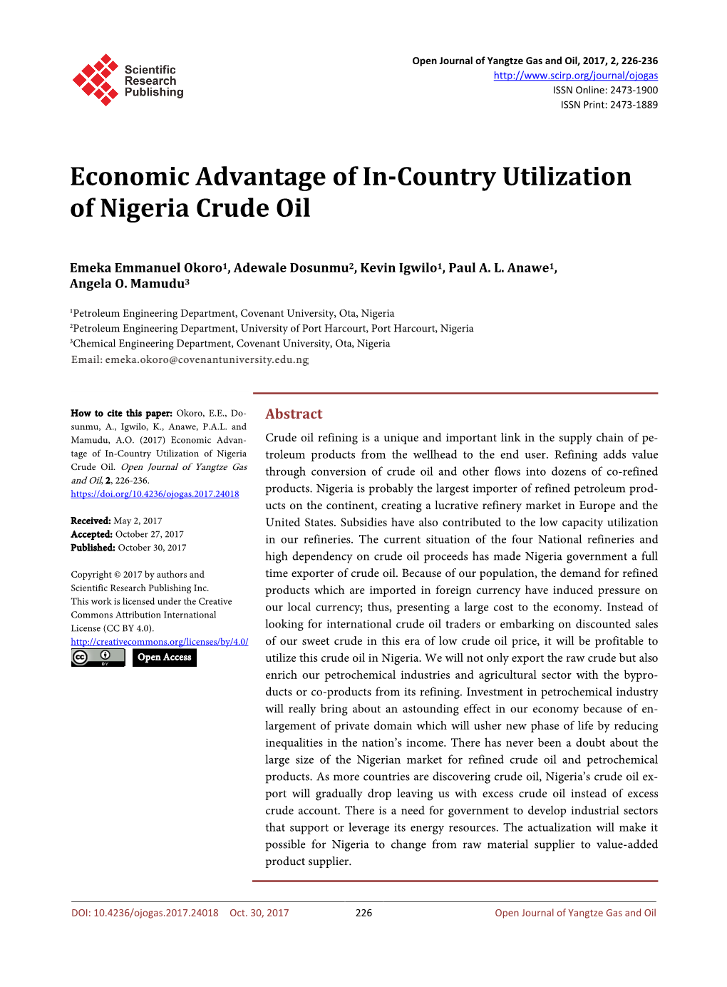 Economic Advantage of In-Country Utilization of Nigeria Crude Oil