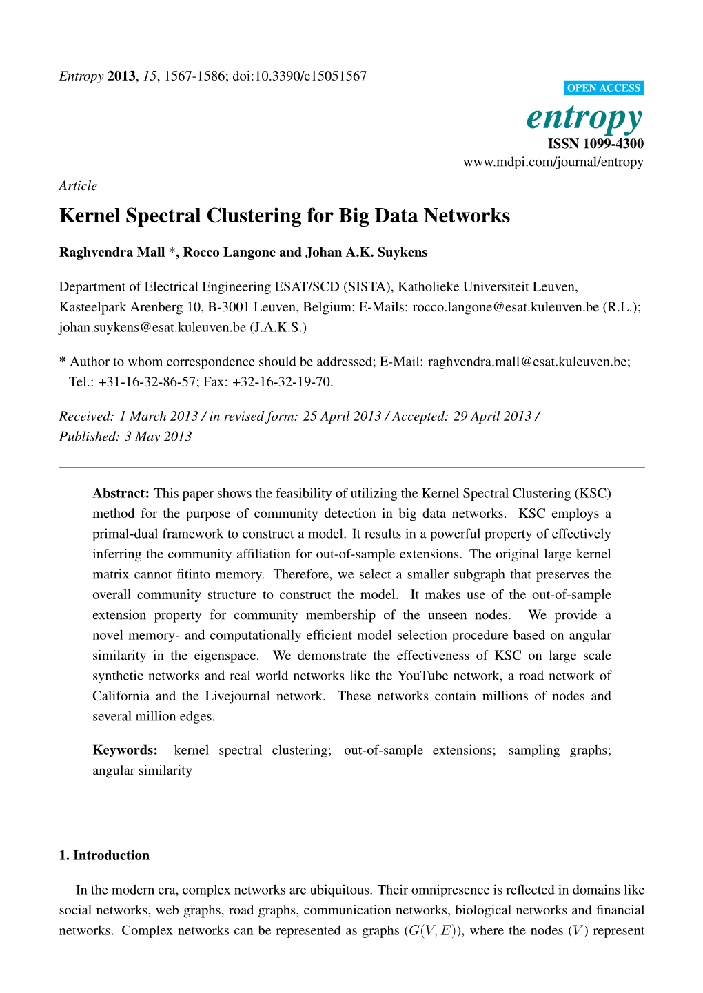 Kernel Spectral Clustering for Big Data Networks