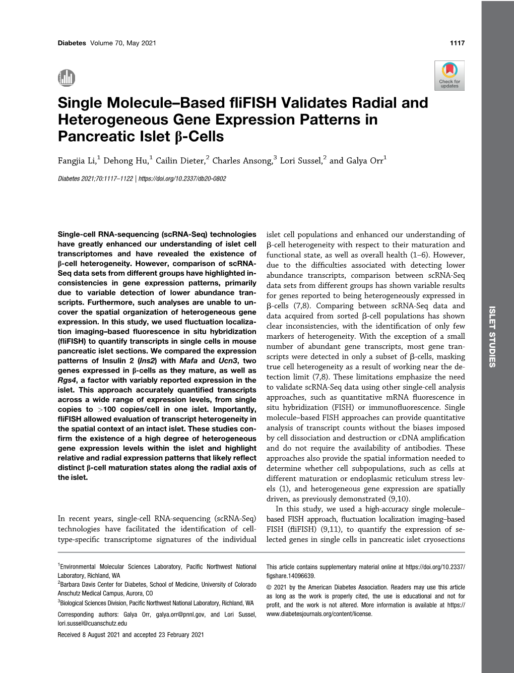 Single Molecule–Based Flifish Validates Radial and Heterogeneous Gene Expression Patterns in Pancreatic Islet B-Cells