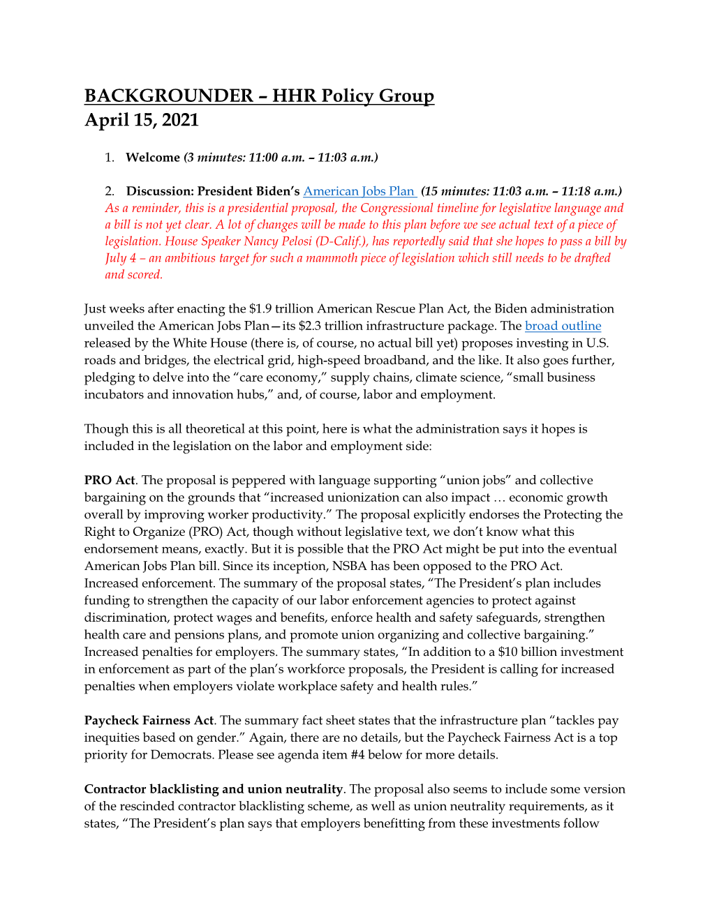 BACKGROUNDER – HHR Policy Group April 15, 2021