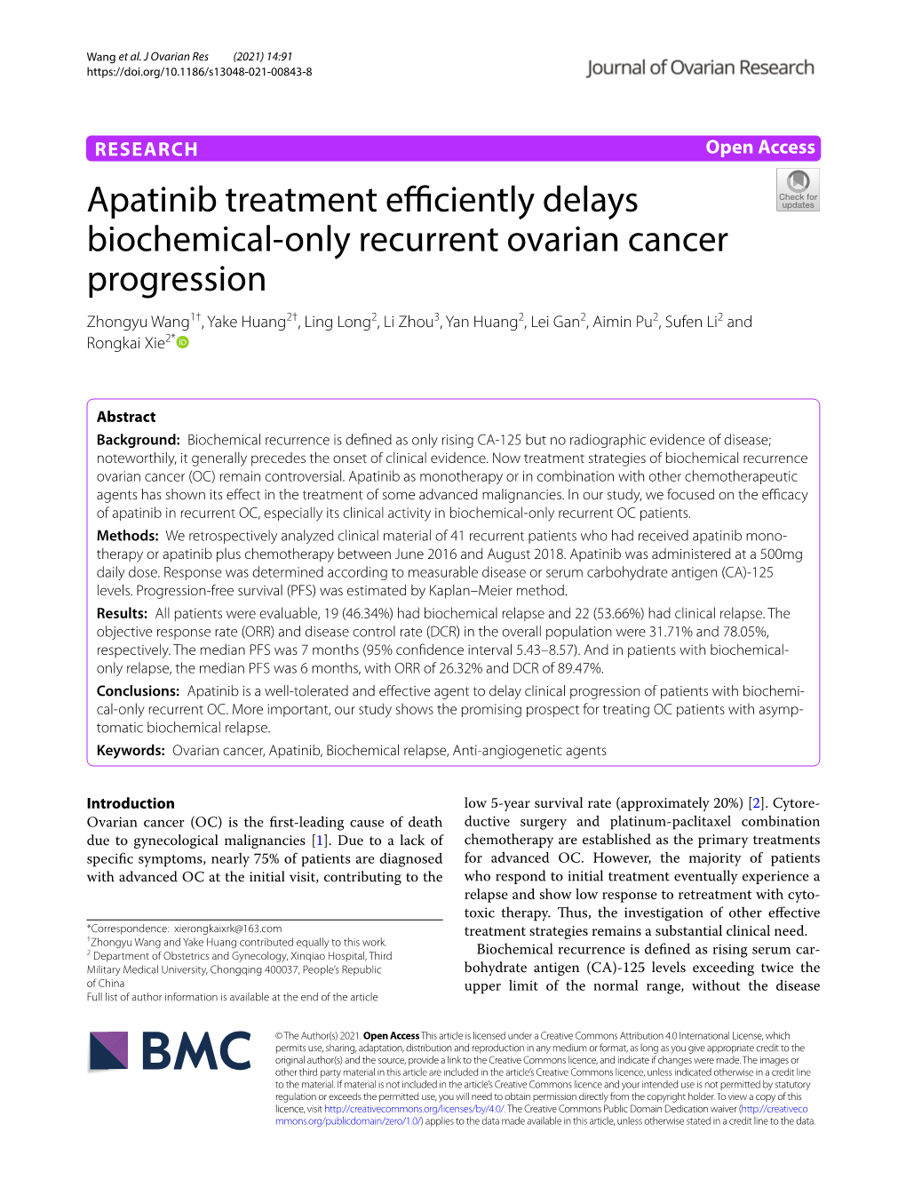 Apatinib Treatment Efficiently Delays Biochemical-Only Recurrent Ovarian