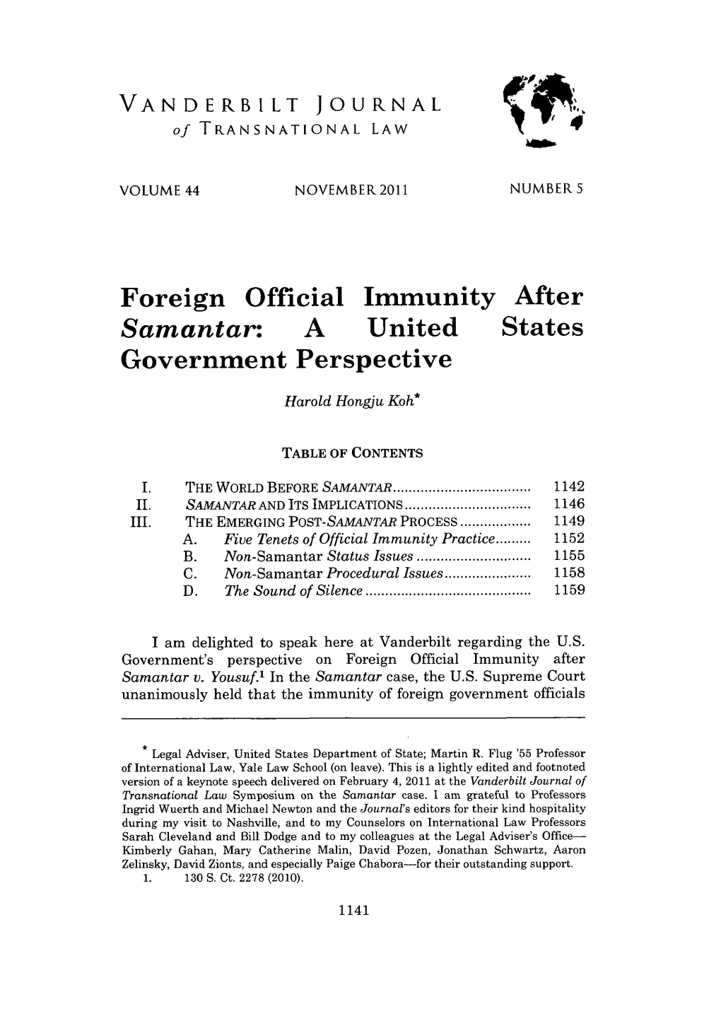 Foreign Official Immunity After Samantar: a United States Government Perspective