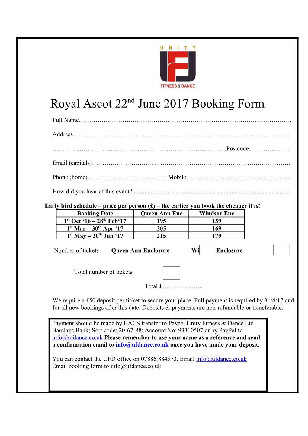 Royal Ascot 22Nd June 2017 Booking Form