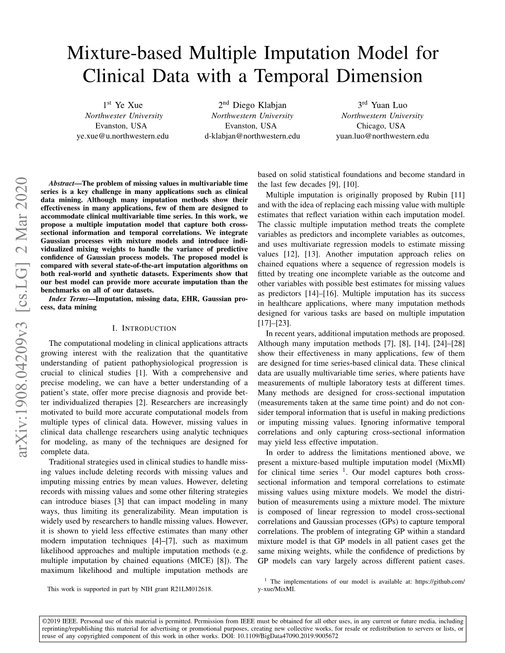 Mixture-Based Multiple Imputation Model for Clinical Data with a Temporal Dimension