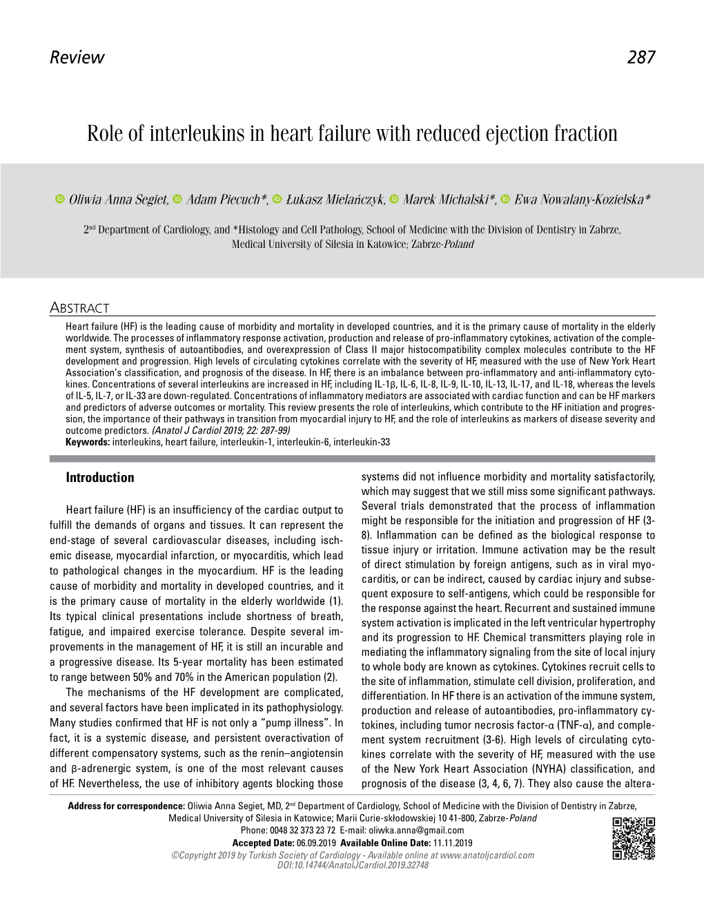 Role of Interleukins in Heart Failure with Reduced Ejection Fraction