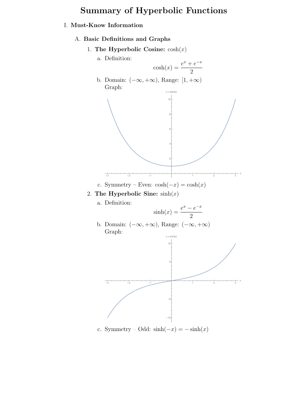 Summary of Hyperbolic Functions