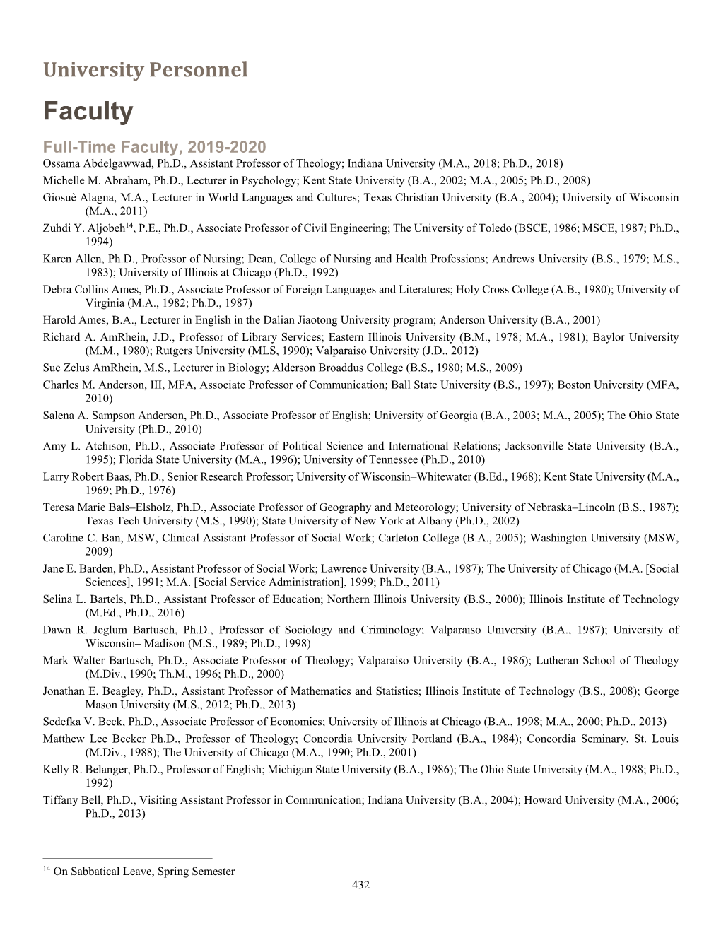 Faculty Full-Time Faculty, 2019-2020 Ossama Abdelgawwad, Ph.D., Assistant Professor of Theology; Indiana University (M.A., 2018; Ph.D., 2018) Michelle M