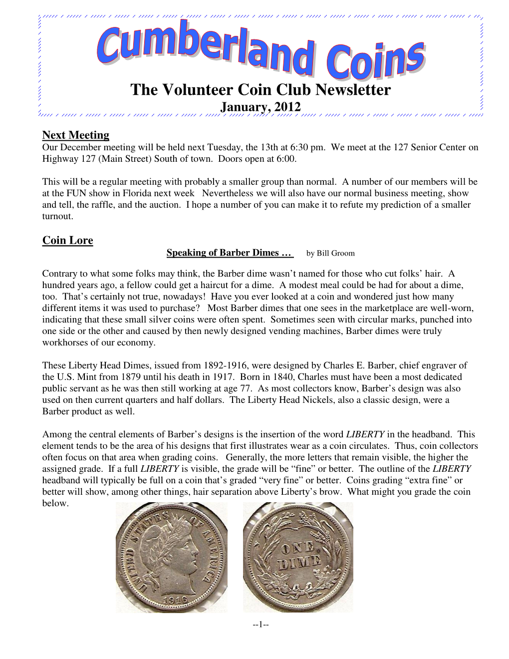 The Volunteer Coin Club Newsletter January, 2012