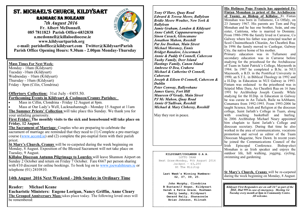 Kildysart Parish Newsletter 7 August 2016