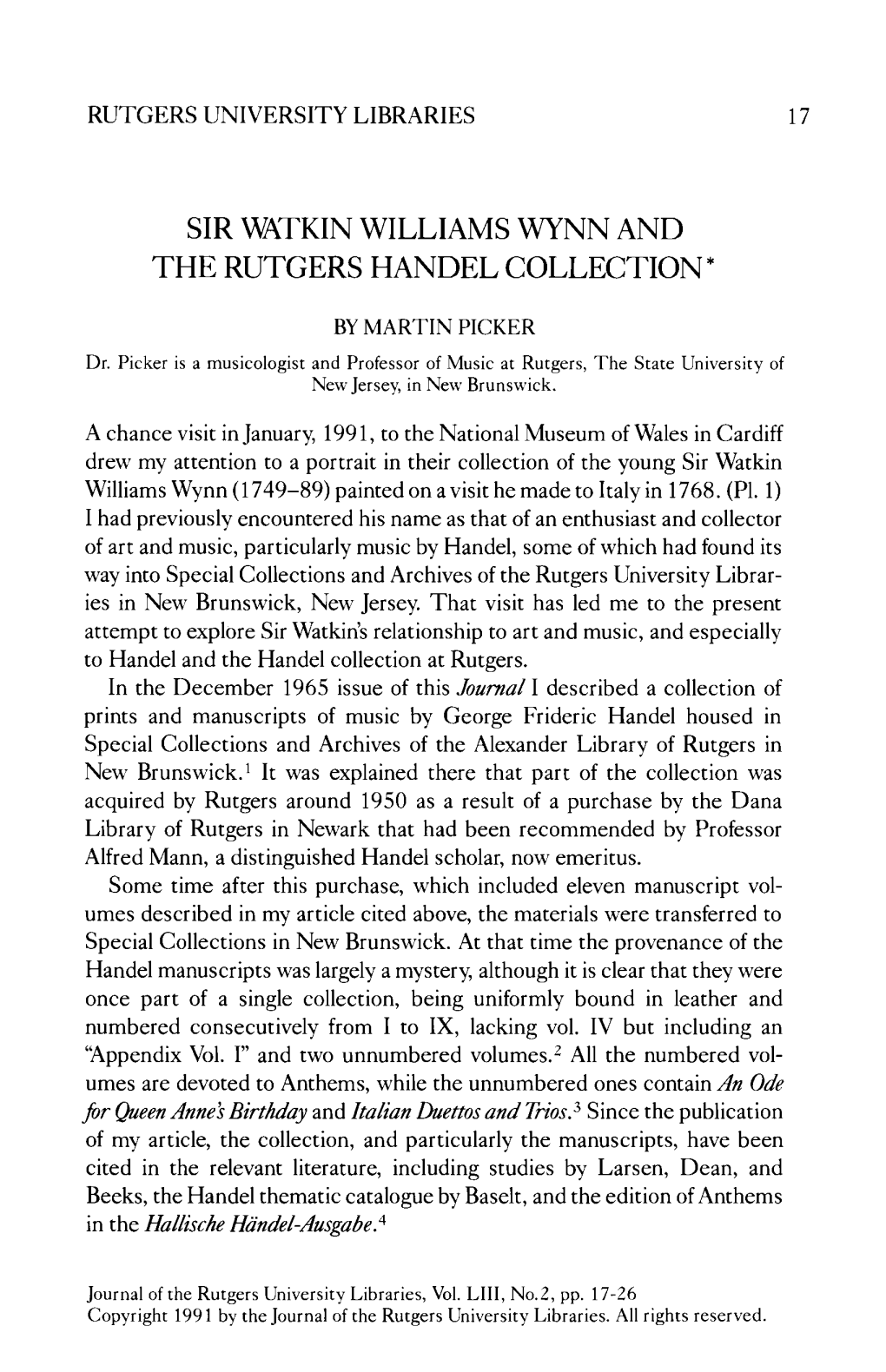 Sir Watkin Williams Wynn and the Rutgers Handel Collection*