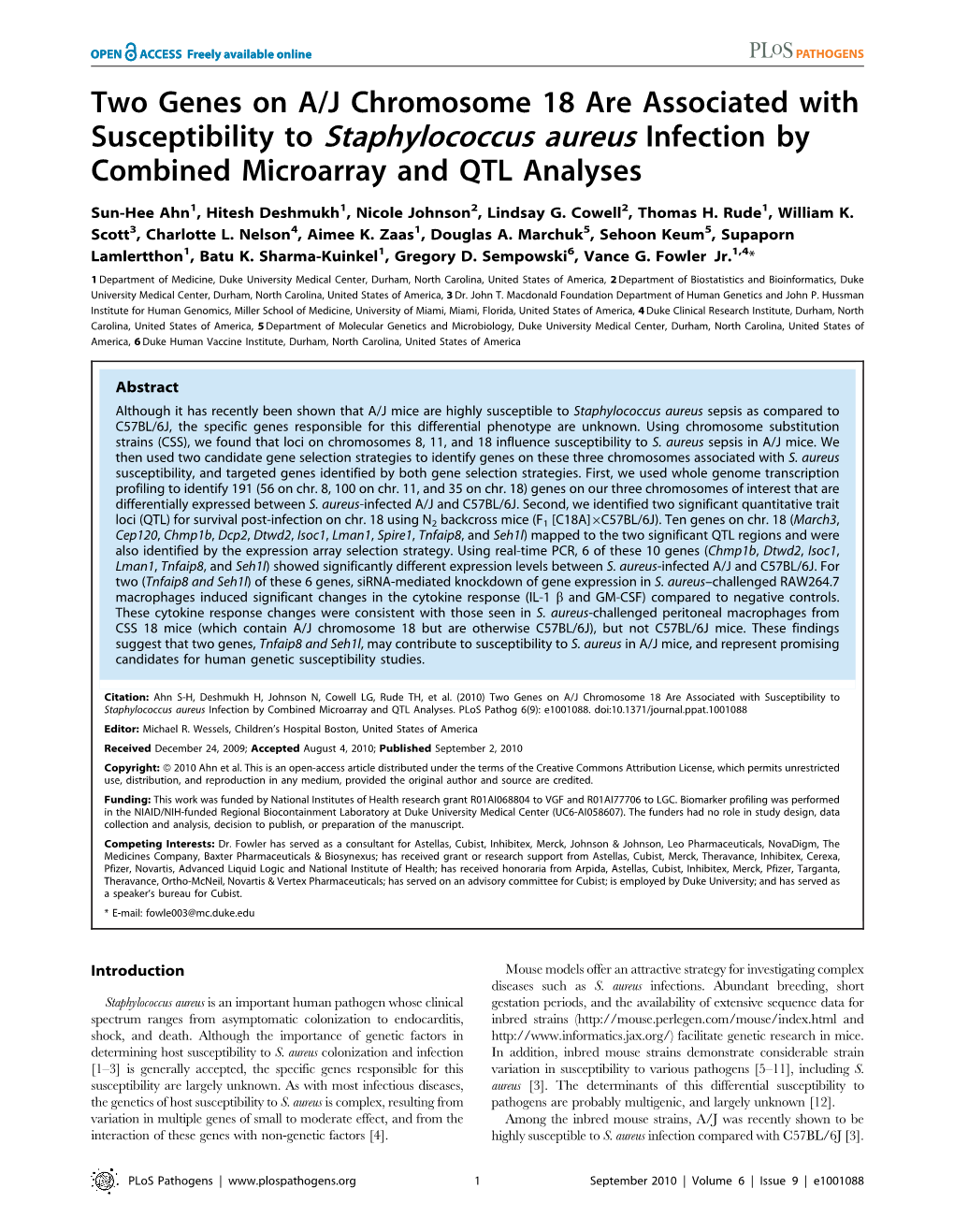 Susceptibility to Staphylococcus Aureus Infection by Combined Microarray and QTL Analyses