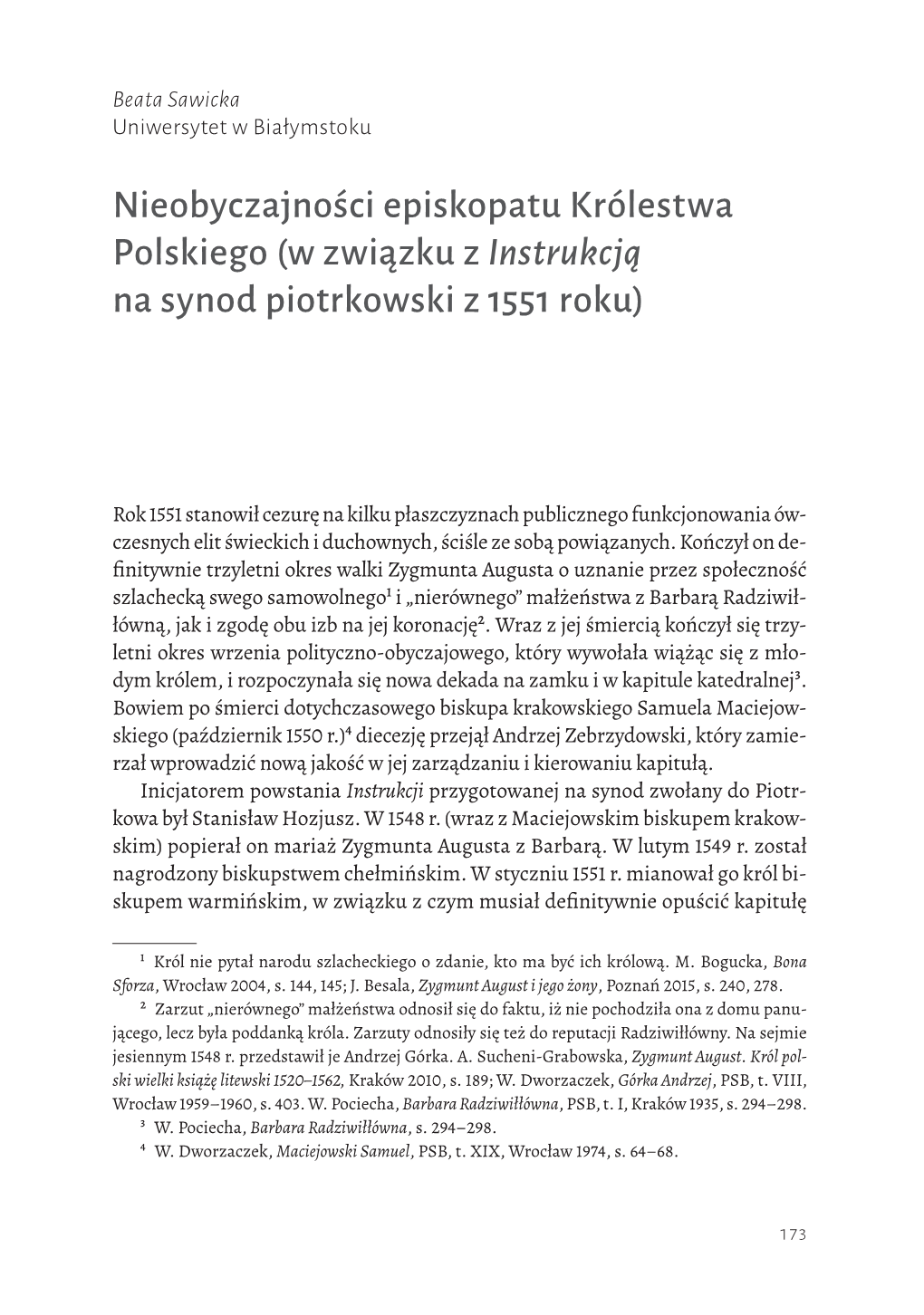 Nieobyczajności Episkopatu Królestwa Polskiego (W Związku Z Instrukcją Na Synod Piotrkowski Z 1551 Roku)