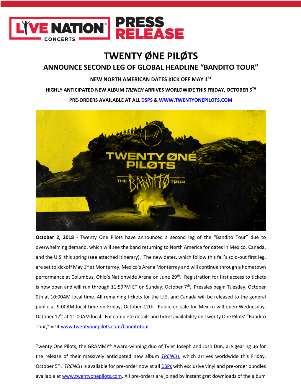 Twenty Øne Piløts Announce Second Leg of Global Headline “Bandito Tour”