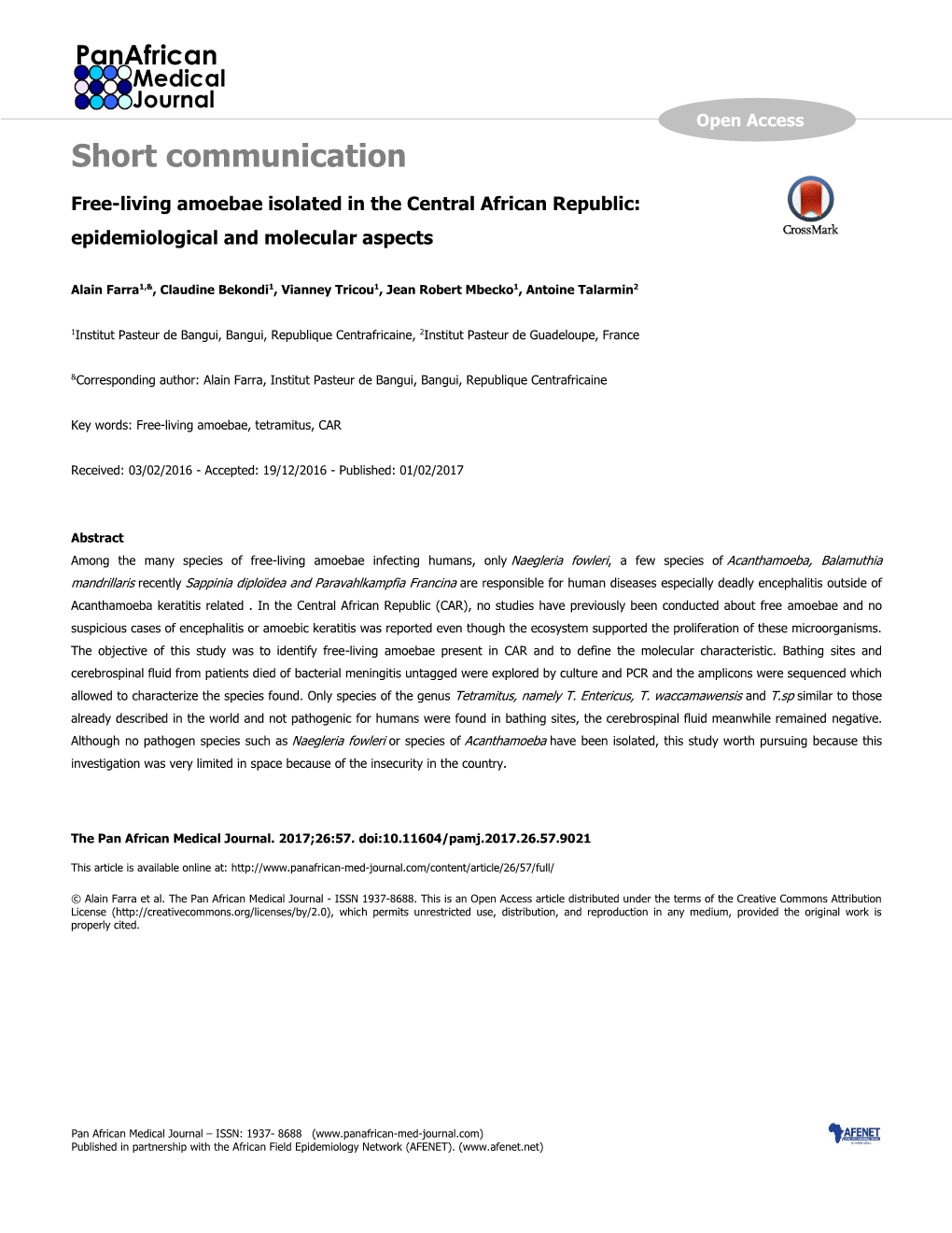 Short Communication Free -Living Amoebae Isolated in the Central African Republic: Epidemiological and Molecular Aspects